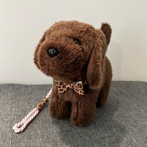 American girl, black lab puppy with collar and leash